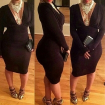 Sexy Deep V-neck Solid Color Long Sleeve Bodycon Dress