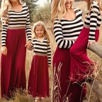 Fashion Long Sleeve Round Neck Striped Spliced Maxi Dress