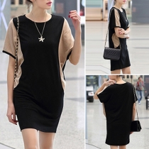 Fashion Contrast Color Dolman Short Sleeve Round Neck Dress