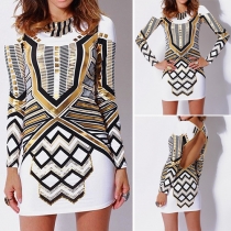 Sexy Backless Long Sleeve Round Neck Printed Sheath Dress