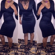 Sexy Deep V-neck Long Sleeve Solid Color Dress