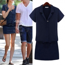 Fashion Solid Color Short Sleeve POLO Collar Gathered Waist Dress