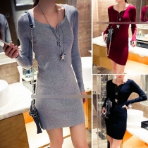 Fashion Solid Color Long Sleeve V-neck Slim Fit Dress