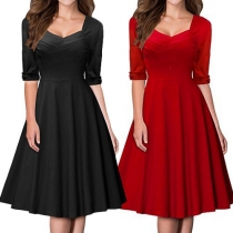 Elegant Solid Color Half Sleeve Square Collar Dress