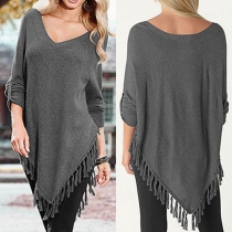 Fashion Solid Color Long Sleeve V-neck Irregular Tassel Hem T-shirt