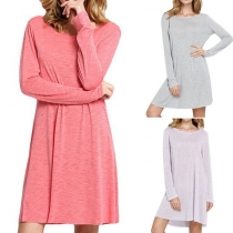 Sexy Backless Long Sleeve Round Neck Solid Color Dress