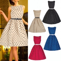 Retro Dots Printed Sleeveless Round Neck Dress