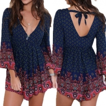 Sexy Backless Deep V-neck Elastic Waist Printed Dress