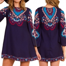 Sweet Trumpet Sleeve Printed Shift Dress
