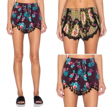 Bohemian Style Tassel Hem Elastic Waist Floral Print Shorts