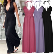 Sexy Backless Deep V-neck High Waist Solid Color Maxi Dress