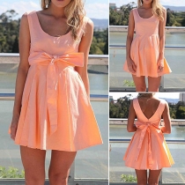 Sexy Backless Bowknot Sleeveless Solid Color Dress