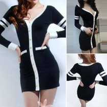 Sexy Deep V-neck Long Sleeve Slim Fit Contrast Color Dress