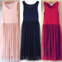 Fashion Solid Color Sleeveless Round Neck Gauze Spliced Dress