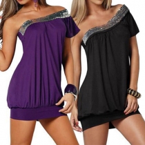 Sexy One-shoulder Sequin Spliced Clubwear Dress