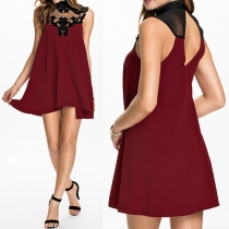 Fashion Flocking Lace Spliced Turtleneck Sleeveless Dress