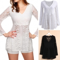 Sexy Deep V-neck Lace Spliced Long Sleeve Short Dress