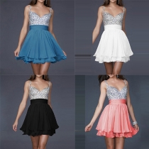 Sexy Backless Deep V-neck Sequin Spliced Sling Party Dress