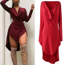 Sexy Deep V-neck Irregular Hem Long Sleeve Solid Color Dress