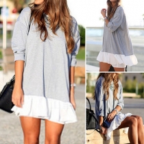 Fashion Contrast Color Long Sleeve Round Neck Flouncing Hem Dress