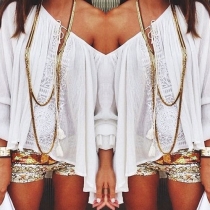 Sexy Off-shoulder Slash Neck Lace Spliced Long Sleeve Loose Tops