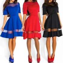 Elegant Solid Color Half Sleeve Round Neck Gauze Spliced Dress