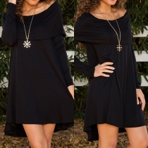 Sexy Off-shoulder Long Sleeve Solid Color High-low Hem Dress