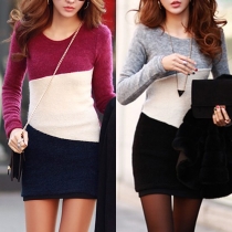 Fashion Contrast Color Long Sleeve Round Neck Slim Fit Dress