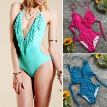Sexy Backless Tassel Deep V-neck One-piece Bikini Swimwear