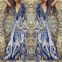 Sexy Deep V-neck Slit 3/4 Sleeve Printed Maxi Dress
