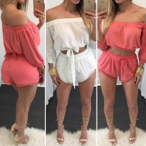 Sexy Slash Neck Long Sleeve Crop Tops + Shorts Two-piece Set
