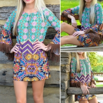 Sexy Slash Neck Tassel Long Sleeve Printed Beach Dress