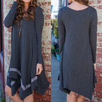 Fashion Solid Color Long Sleeve Round Neck Irregular Hem Dress