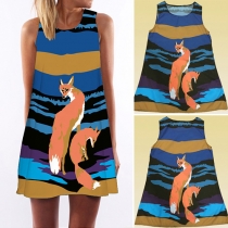 Cute Style Sleeveless Round Neck Printed Dress