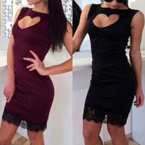 Sexy Heart-shaped Hollow Out Lace Spliced Hem Sleeveless Sheath Dress