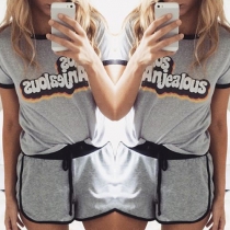 Casual Style Letters Printed Short Sleeve T-shirt + Shorts Set