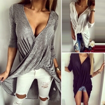 Sexy Deep V-neck 3/4 Sleeve Irregular Hem Tops 