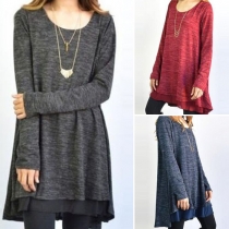 Fashion Solid Color Long Sleeve Round Neck Chiffon Spliced Hem Dress