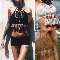 Sexy Hollow Out Knit Tassel Bandeau Tops Bikini