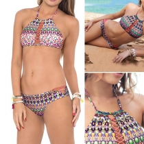 Ethnic Style Hollow Out Printed Halter Bikini Set