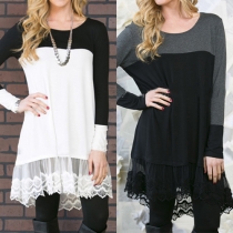 Fashion Contrast Color Long Sleeve Round Neck Gauze Spliced Hem Dress