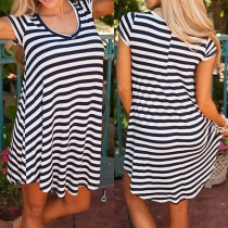 Fashion Short Sleeve V-neck Striped Loose Dress