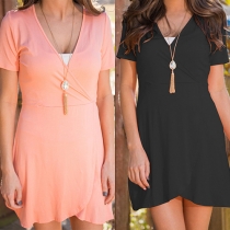 Elegant Solid Color Short Sleeve V-neck Irregular Hem Dress