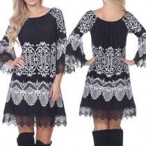 Fashion Lace Spliced Slash Neck Printed Dress