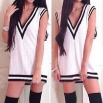Fashion Contrast Color Sleeve Deep V-neck Mini Dress