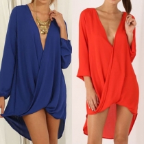 Sexy Deep V-neck Long Sleeve Irregular Hem Chiffon Dress