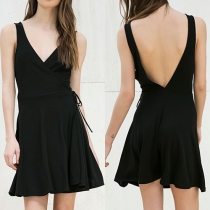 Sexy Backless Deep V-neck Sleeveless Solid Color Dress