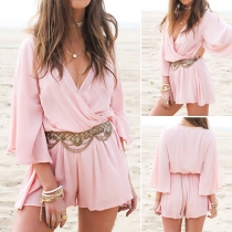 Sexy Deep V-neck Gathered Waist Solid Color Rompers