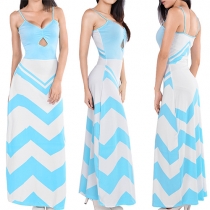 Sexy Backless V-neck Striped Spliced Sling Maxi Dress