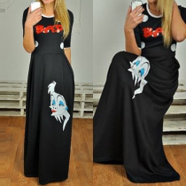 Fashion Short Sleeve Round Neck Printed Maxi Dress